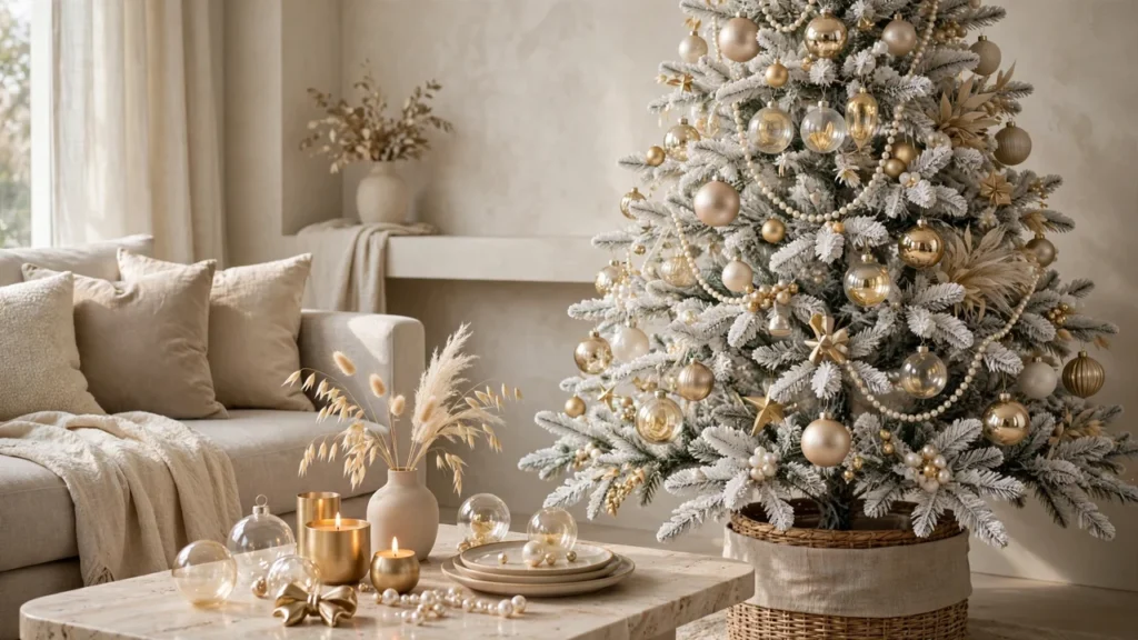 Navidad 2026: árboles nevados blanco perlado, beige y dorado con vidrio y metal para una decoración sobria, elegante y con armonía visual total.